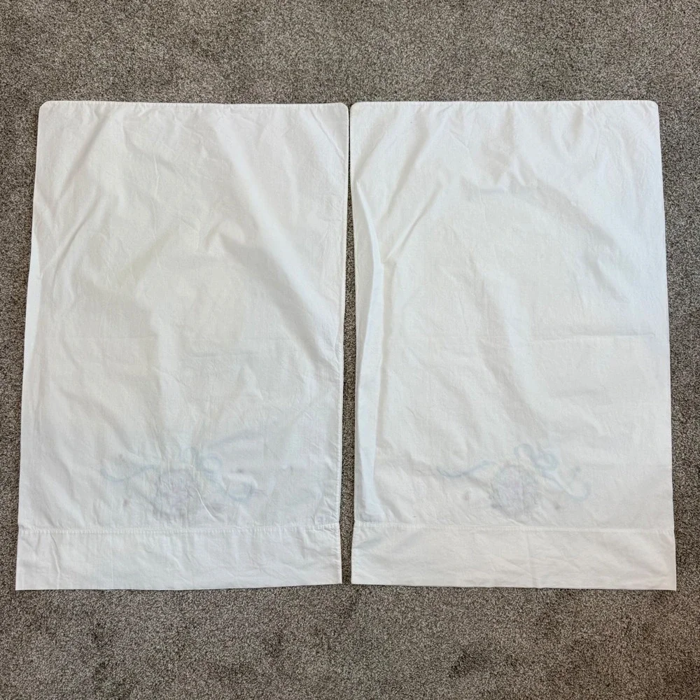 Vintage Hand Embroidered Floral Ribbon Cotton Pillowcase Pair White‎ Cottagecore